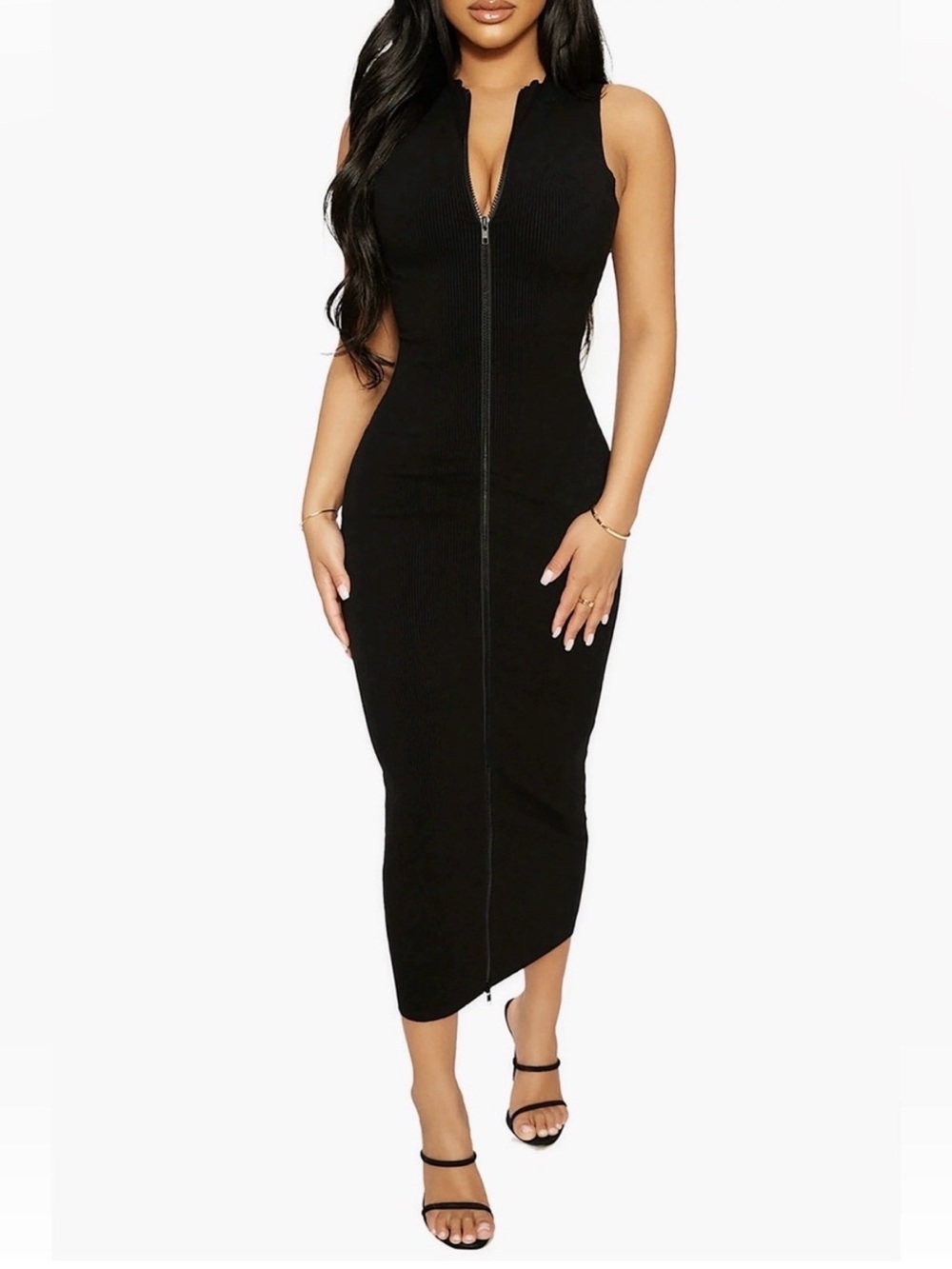 Naked wardrobe black mock neck full zipper bodycon midi dress S